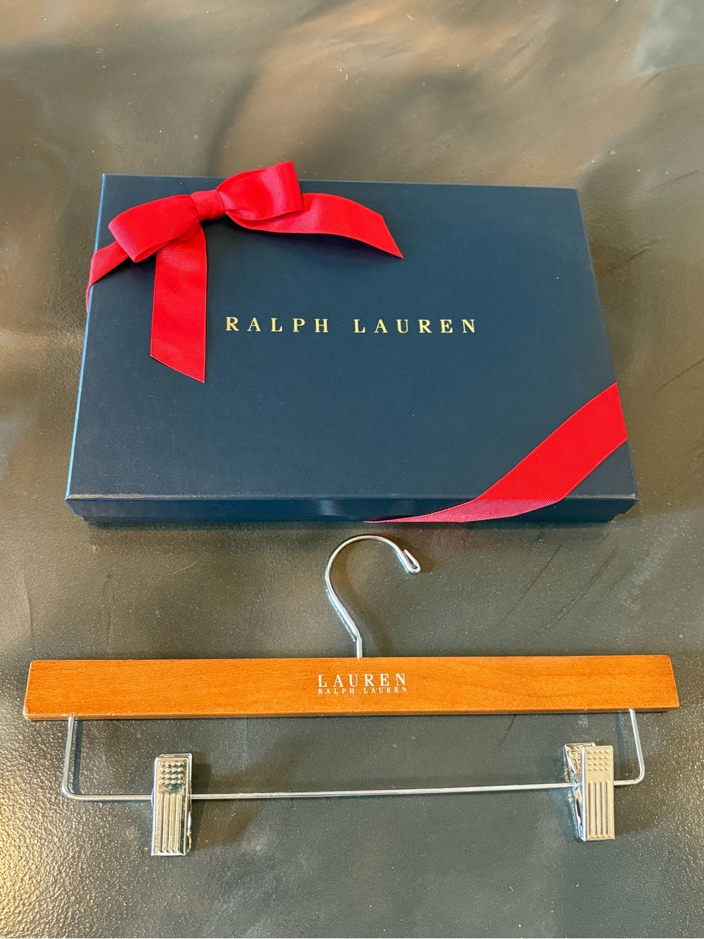 RALPH LAUREN Luxury Navy Gift Box With Red Ribbon and RL Clothing Closet Hanger
